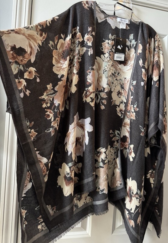 Nine West Floral Shawl Wrap Black Neutral Fringe Polyester Rayon Women