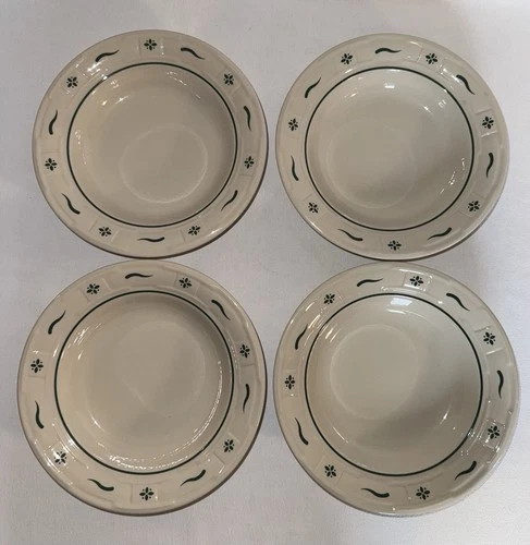 Longaberger Pottery Woven Traditions Heritage Green Rimmed Soup Bowl Set of 4