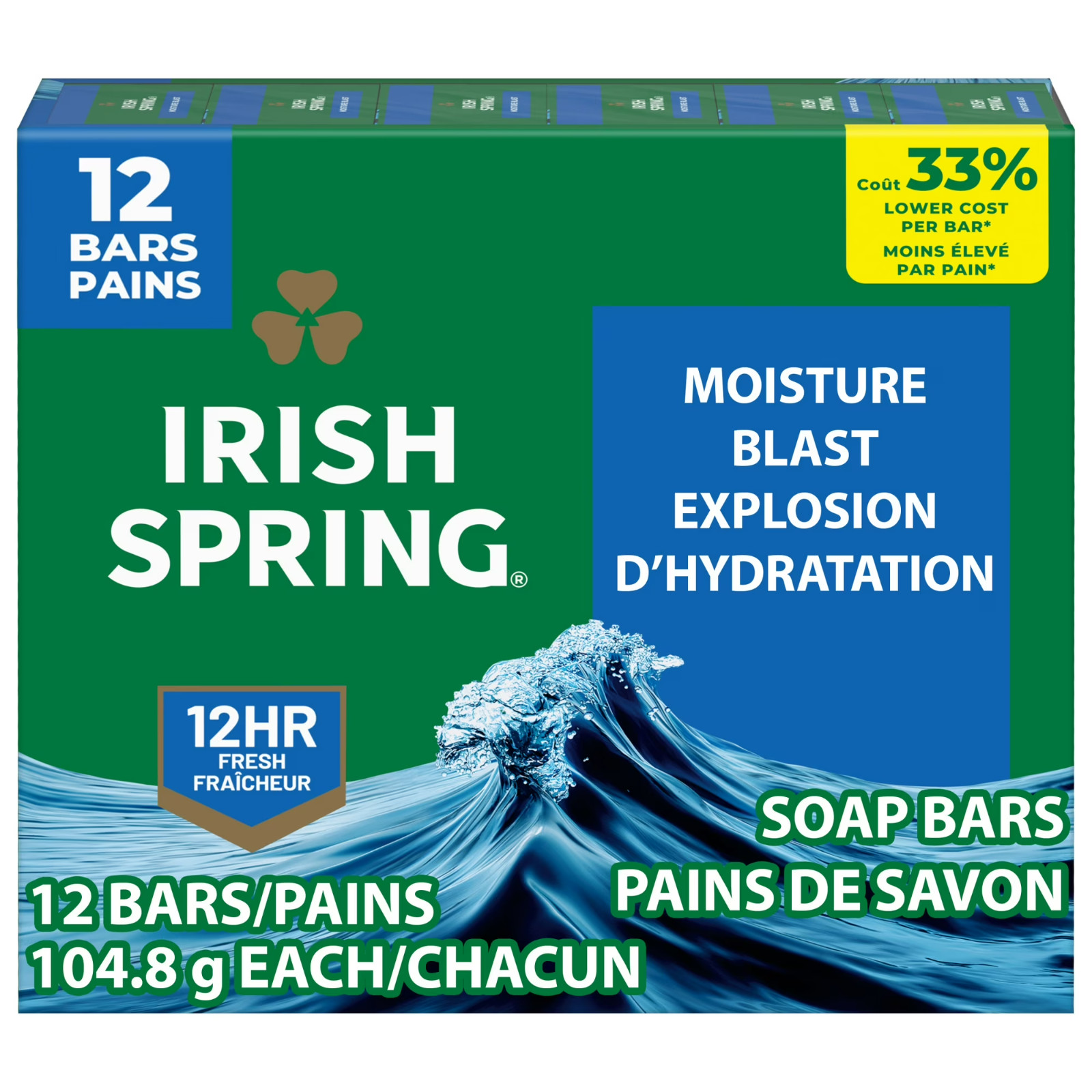 Irish Spring Moisture Blast Deodorant Bar Soap for Men, 3.7 oz Bar (12 Pack)