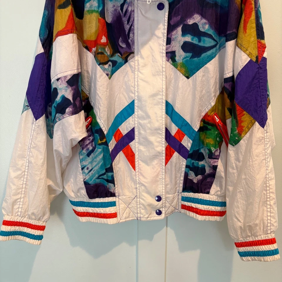 Chaqueta de esquí geométrica abstracta East West años 80 para mujer mediana nailon cremallera bloques de colores Foto 3 de 4