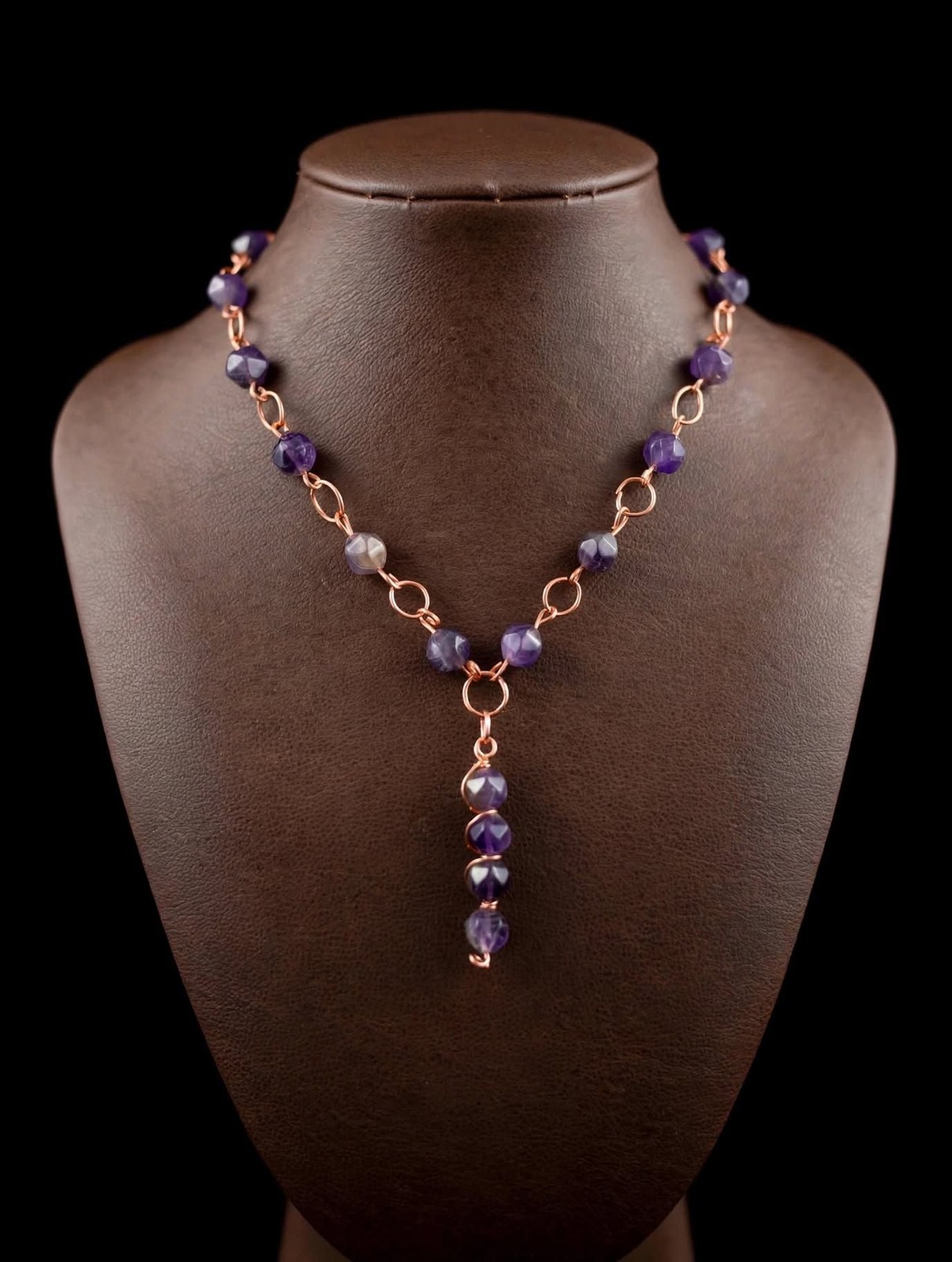 Handmade Wire-Wrapped Copper Chain Necklace Amethyst Beads and Lariat Drop