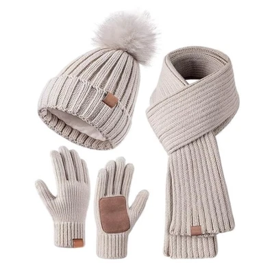 Hat Scarf and Gloves Set Ladies, Winter Beanie Hat for Women with Pom Pom PN