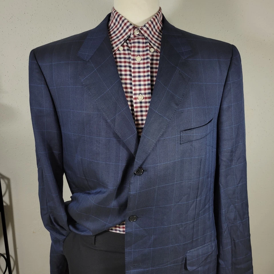 Abrigo Blazer Deportivo Para Hombre Canali AL13320/00 Dos Botones Azul Marino A Cuadros Seda Lana 52XL Foto 2 de 4