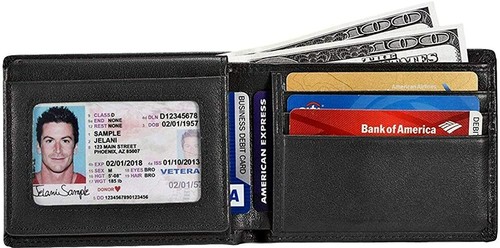 Portafoglio tascabile pieghevole in pelle con blocco RFID da uomo con finestra ID in confezione regalo nero - Foto 6 di 9