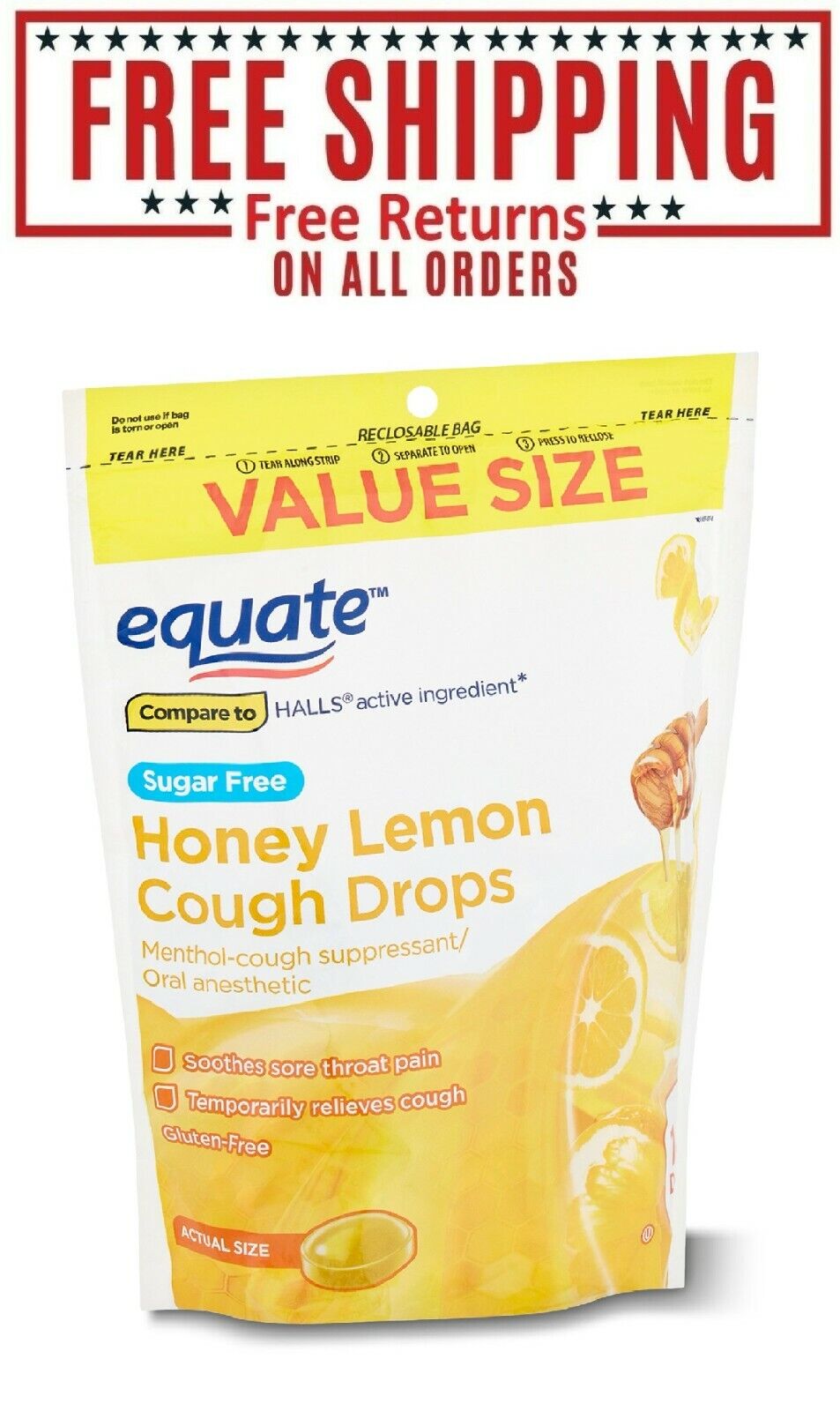 Equate Sugar Free Honey Lemon Cough Drops Value Size with Menthol, 140 Count