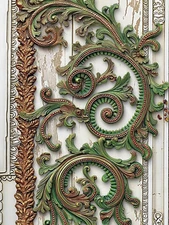 Intricate Green and Gold Scrollwork on Weathered White Wood Poster 18x24in