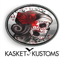 Sugar Skull Tattoo Belt Buckle - Day of the Dead Silver Oval Buckle - 73-2-SO