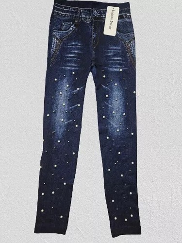 Ladies/Girls Elasticated Denim Look Pearl Leggings - Picture 2 of 3
