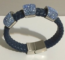 Women's Blue Braided Leather Stainless Steel Bracelet Crystals Magnetic Clasp