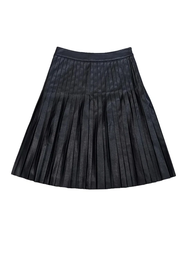 Saia de couro vegana plissada preta feminina Rebecca Taylor acima do joelho linha A tamanho 2 - Imagem 2 de 4