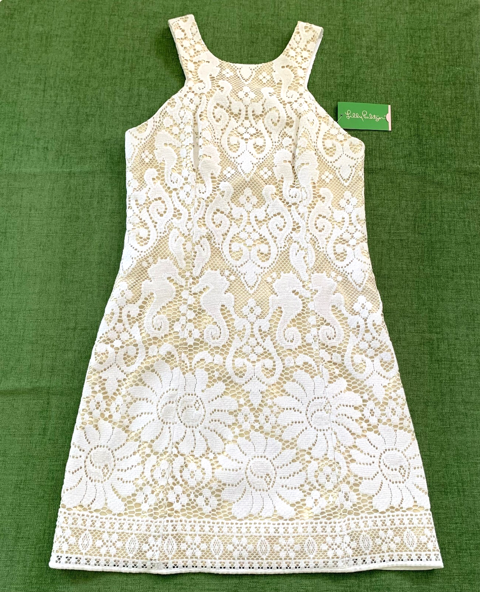 NWT Lilly Pulitzer Largo Engineered Seahorse Floral Lace Shift Dress 0 Gold