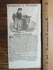 Antique Ephemera 1861 Wheeler Wilson Sewing Machine Newspaper Print Ad IN
