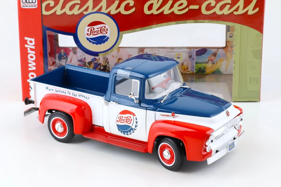 1:18 Auto World 1956 Ford F-100 Pick-Up Pepsi Cola Blu/Bianco/Rosso - Immagine 2 di 4