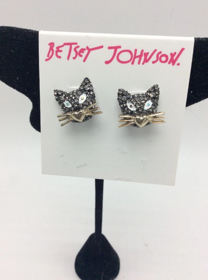 $32 Betsey-Johnson-Mujer-Dorado y Hematita-Gato-Stud-Pendientes F230/203 Foto 3 de 4