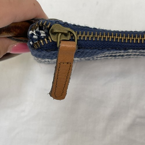 MUD PIE Blue White Striped Cotton Jute Wooden Wristlet Clutch Purse Bag Handbag - Picture 5 of 7