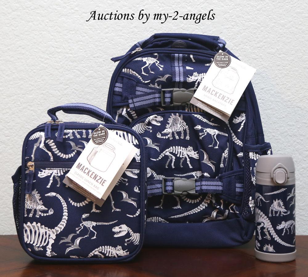 Pottery Barn Kids BLUE DINOSAUR GLOW-IN-THE-DARK Small Backpack Lunch Bag Bottle