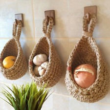 Boho Handwoven Vegetable Fruit Basket Wall Hanging Storage Jute Pouch Organizers