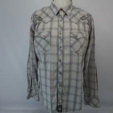 Rock 47 Shirt Mens Large Gray Pearl Snap Plaid Collared Long Sleeve Embroidered