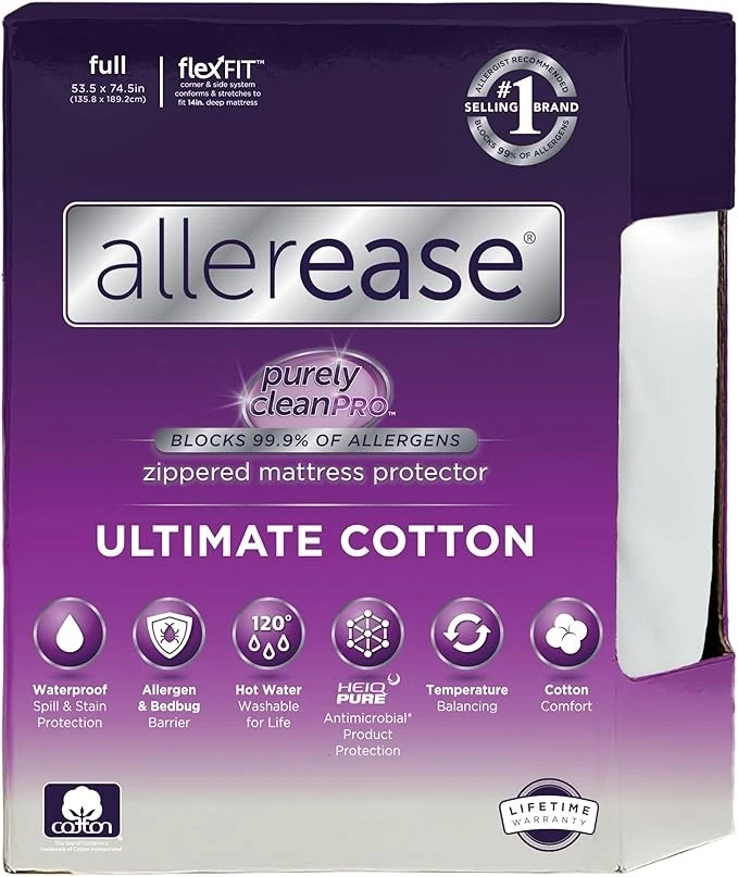 AllerEase Ultimate Allergy and Comfort Zippered Mattress Protector, White, Full