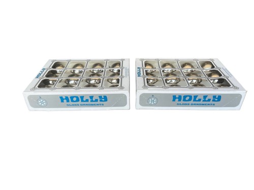 Vintage Holly Glass Ornaments – Set of 24 Silver Balls, 1 5/8″ – Original Boxes - Picture 3 of 6