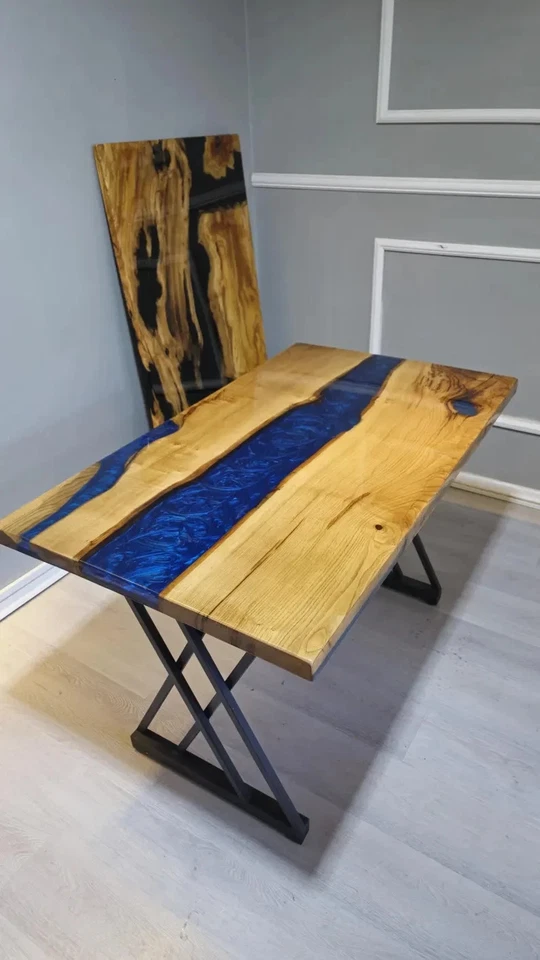 Blue Epoxy River Table: Live Edge Chestnut Dining Table, Custom Resin Furniture - Image 3 of 4