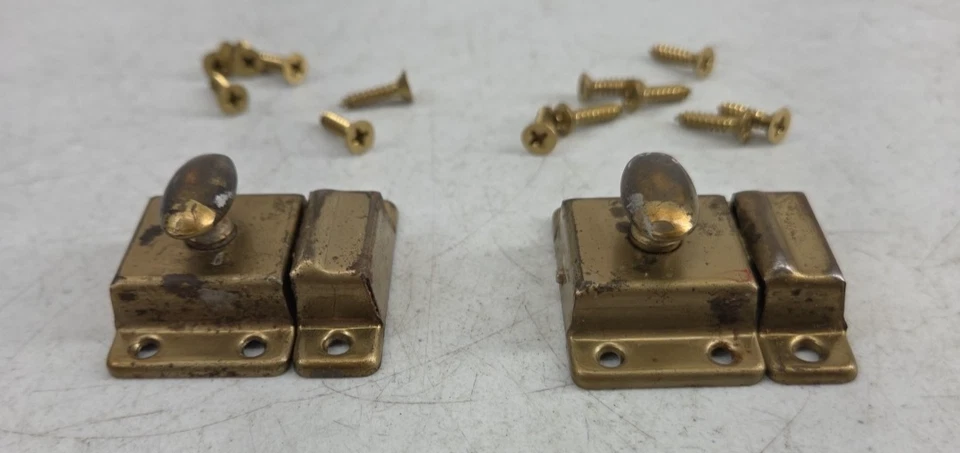 Vintage Lot of 2 Cupboard Door Turn Latch Hoosier Latches Brass Keepers - Image 2 of 4