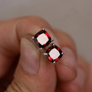 Authentic 2Ct Cushion Lab Created Red Garnet Solitaire Stud Earrings 14K White Gold Plated