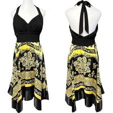 Sangria Halter Dress Yellow Black Kerchief Satin Asymmetrical Paisley 10