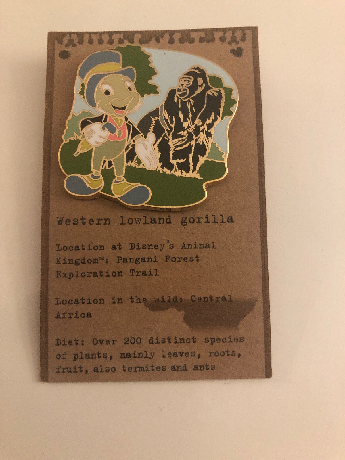 NEW WDW Disney World Animal Kingdom Jiminy Cricket Western Lowland Gorilla Pin