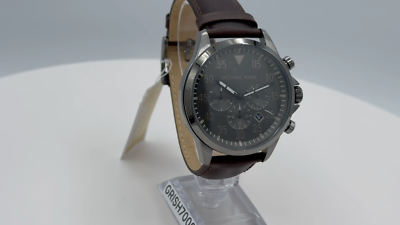 NEW AUTHENTIC MICHAEL KORS THOMPKINS GRAY BROWN LEATHER CHRONO