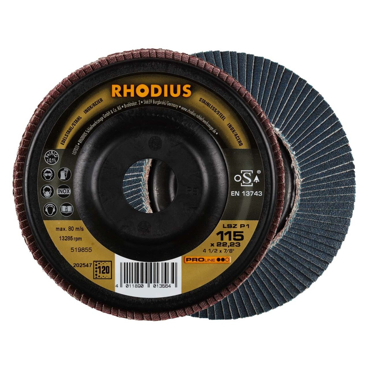 RHODIUS LSZ P1 115 x 22.23 mm Edelstahl-Fächerschleifscheibe