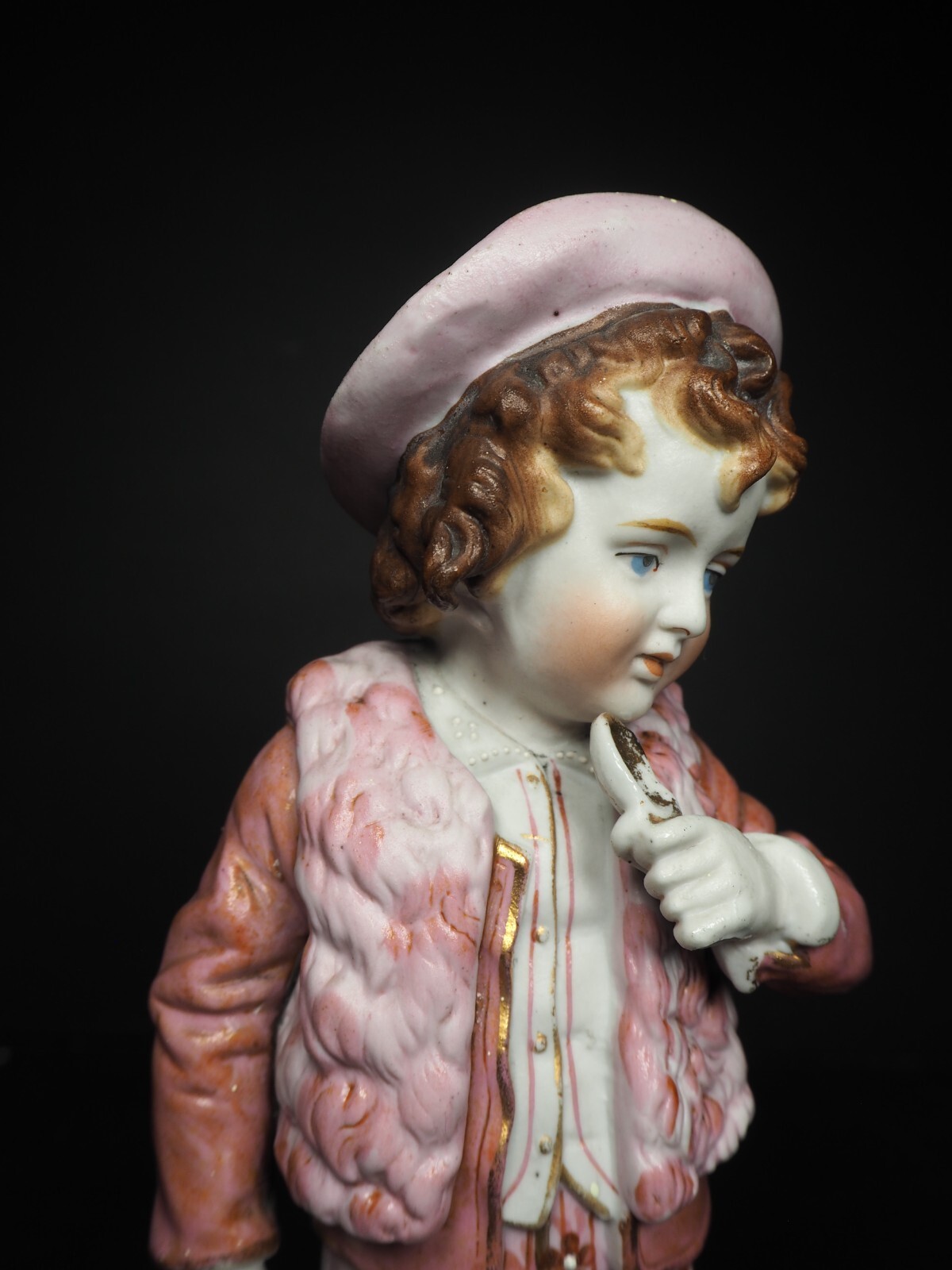 Vintage German ? Porcelain Figurine Boy with Spoon in Pink 24cm