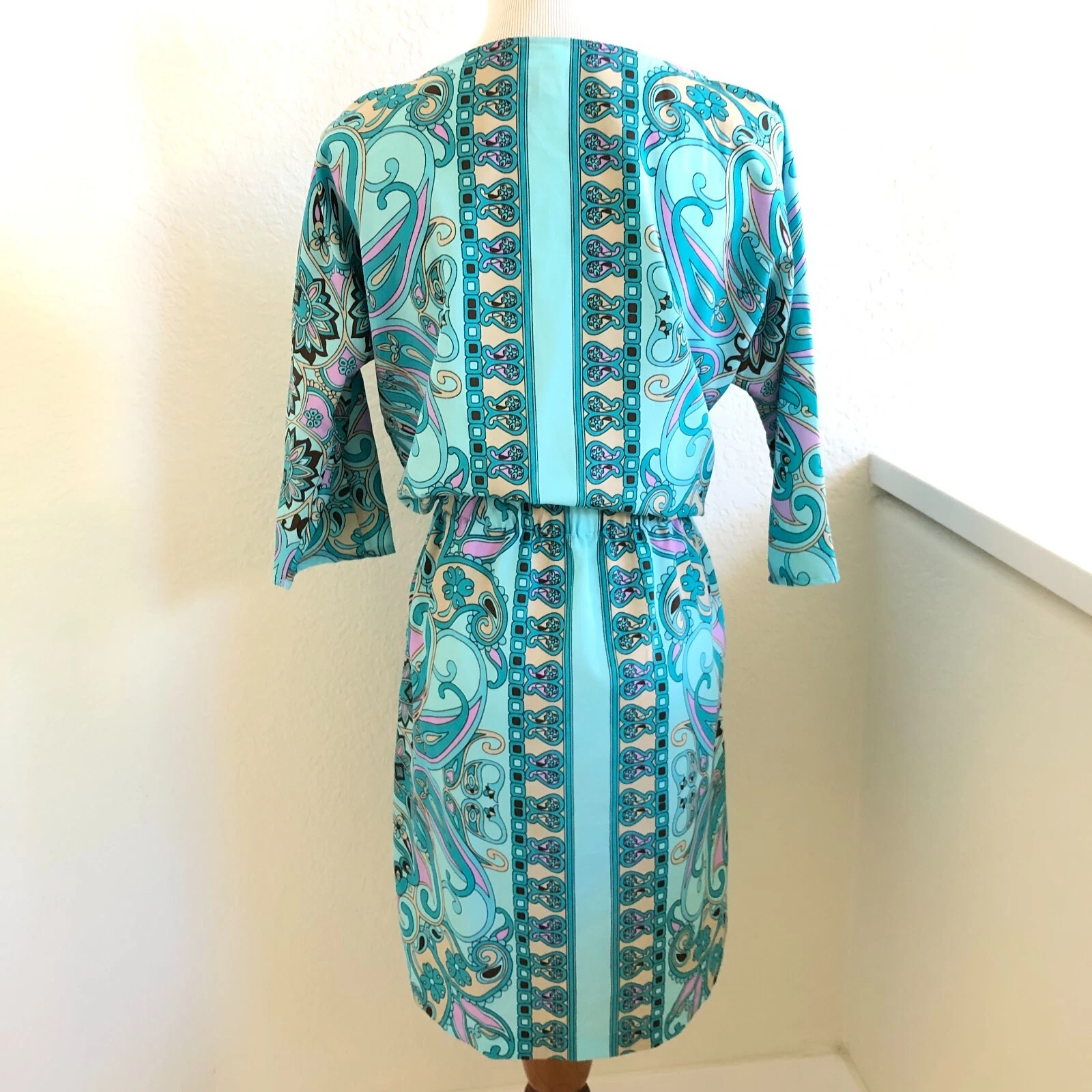 Abito Michael Kors MK da donna blu turchese floreale paisley taglia 6 elastico vita