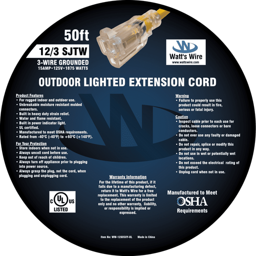 12 Gauge Heavy Duty Lighted Extension Cords SJTW Indoor / Outdoor 15-Amp Cord - Picture 20 of 22