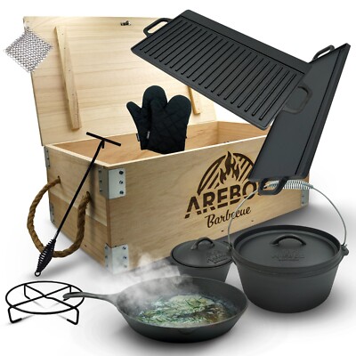AREBOS Dutch Oven BBQ Set aus Gusseisen mit Holzkiste inklusive Schutzhandschuhe
