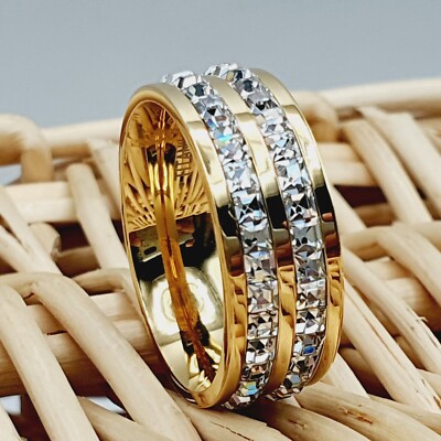 Unisex Yellow Gold Titanium Engraved Band Dainty White CZ Inlay Engagement Ring