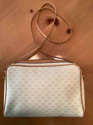 VINTAGE GUCCI IVORY MICRO GG COATED CANVAS W/ LEATHER SHOULDER BAG