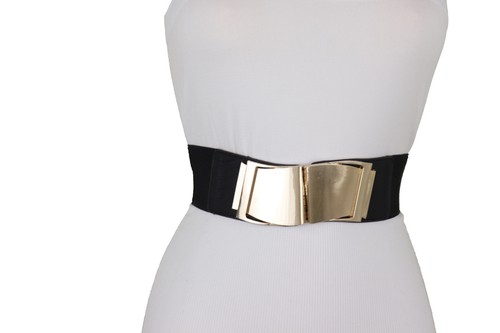Women Black Faux Leather Stretch Band Elegant Unique Belt Gold Wave Buckle S M - Picture 15 of 24