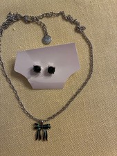 Charter Club Green Enamel Bow Necklace & Green Stud Earrings Silver Tone