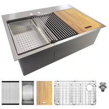Workstation 32 In. Drop-In Single Bowl Stainless Steel 2-Hole Kitchen Sink with