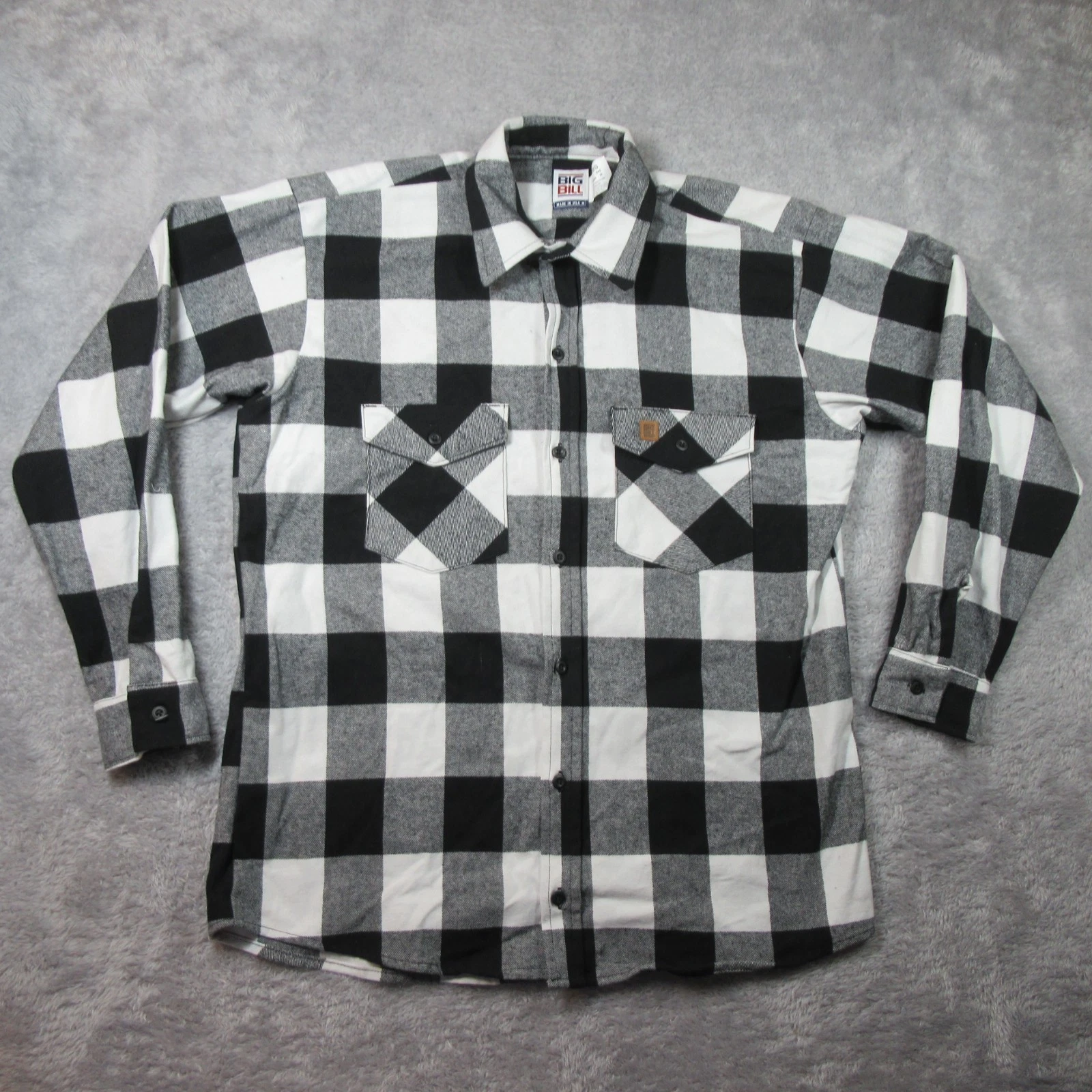 Big Bill Flannel Shirt Mens Large White Black Buffalo Plaid Grunge Cowboy USA