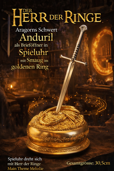 Neu Herr Der Ringe Spieluhr Smaug Drache Ring BrieföFfner Anduril Schwert Deko-image
