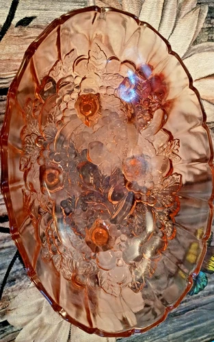 VTG Indiana Glass Large Pink Footed Harvest Fruit Grapes Oval Ribbed Bowl 12" L