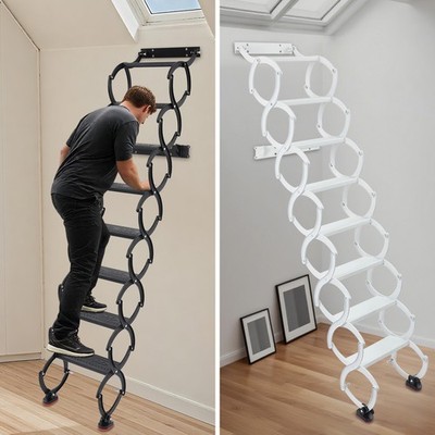 8-Step Wall Mounted Folding Ladder, Retractable Telescoping Step Folding Stairs