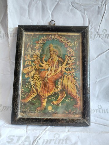 ancienne lithographie encadrée estampe de la déesse hindoue Durga probablement des années 60 - Photo 1/8