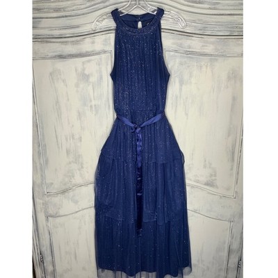 Candalite Navy Blue Glitter Tulle Tiered Maxi Dress Halter Neck Formal Gown  M | eBay