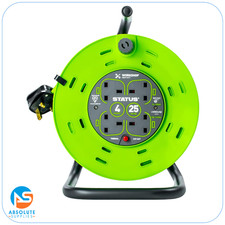 Status 25m 4 Socket Extension Cable Reel 13A Green Thermal Cut Out Lead