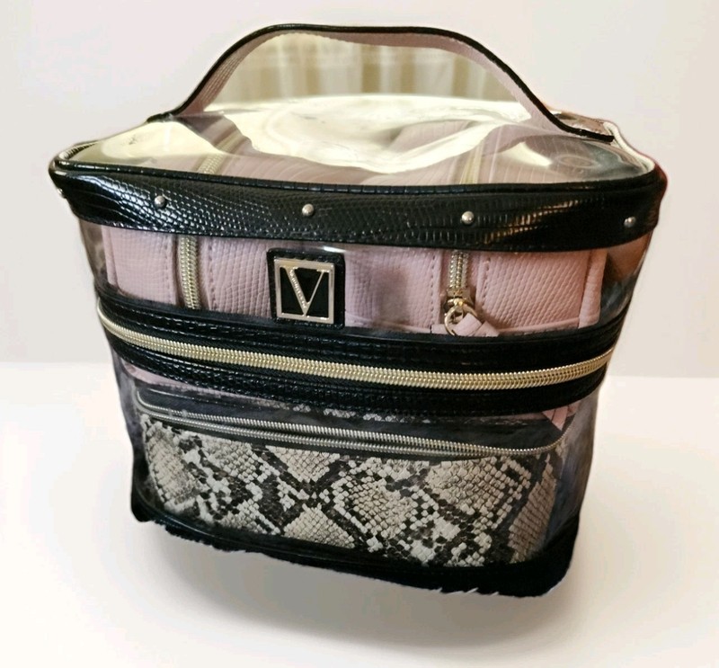 Victoria Secret  Makeup Carry Case Clear W Black Trim, Zip Closure  4 N 1