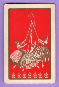 Single Swap Playing Card DECO GIRLS MAYPOLE GOLD METALLIC LADIES VINTAGE RED