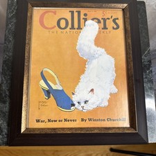 VTG Framed Glass Book Photo White Cat Collier’s From The Cat Made Me Buy It
